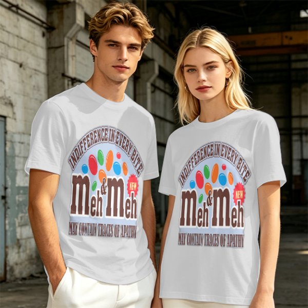 Meh and Meh novelty graphic t-shirt with indifference themed print