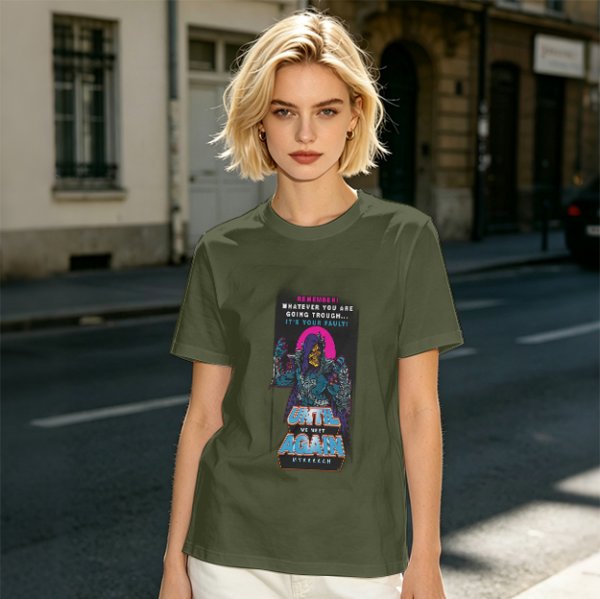 Olive graphic t-shirt with villain character and humorous text print