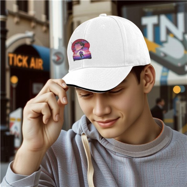 Black baseball cap with anime sunset graphic print
