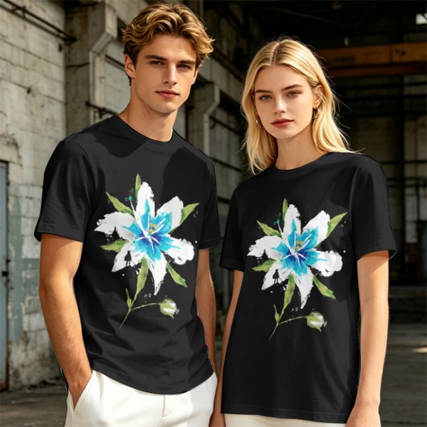 Olive Green T-Shirt with Watercolor Blue Lily Flower Print