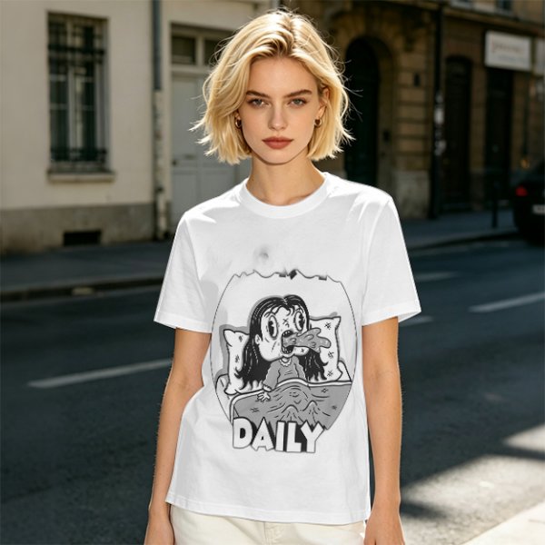 Olive green graphic t-shirt with bedridden cartoon girl and 'DAILY' text