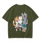 Olive T-Shirt With Cute Cats Enjoying Pizza And Snacks Print