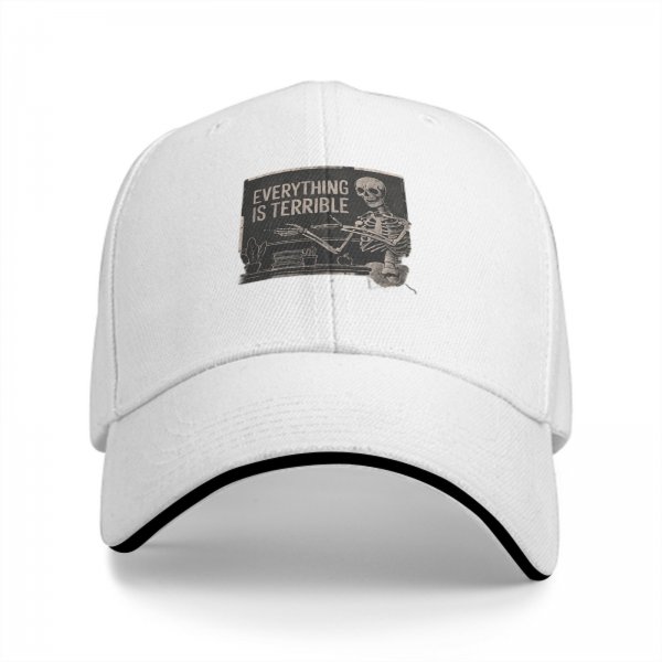 Black baseball cap with 'Everything is Terrible' skeleton graphic