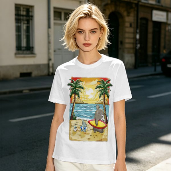 Olive T-Shirt with Beach Scene Print Featuring Totoro and Friends