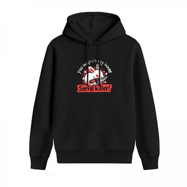 Black hoodie with cute serial killer bunny graphic and text