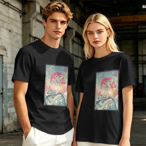Olive T-shirt with Japanese style dragon and lightning graphic print