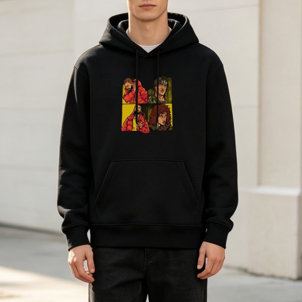 Black hoodie with four-panel illustrated character graphic