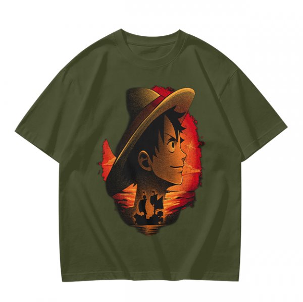 Olive T-Shirt Featuring Monkey D. Luffy Sunset Pirate Ship Art