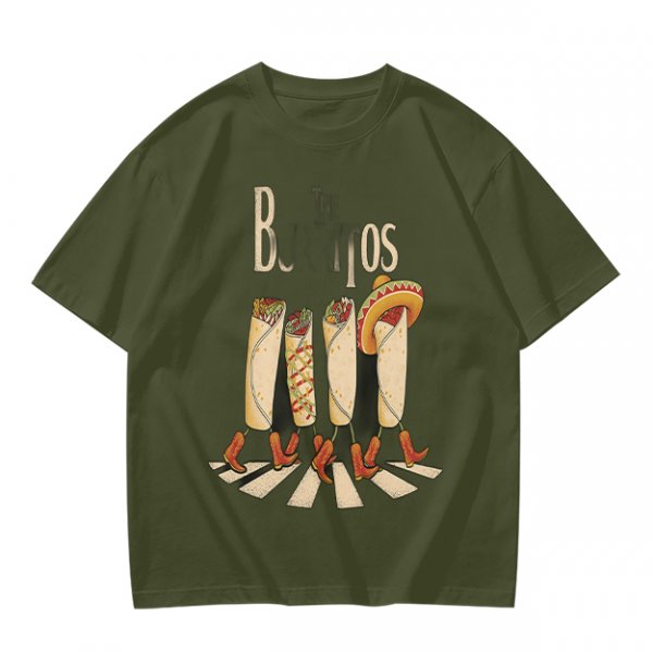 Olive T-Shirt With Walking Burritos Abbey Road Style Graphic