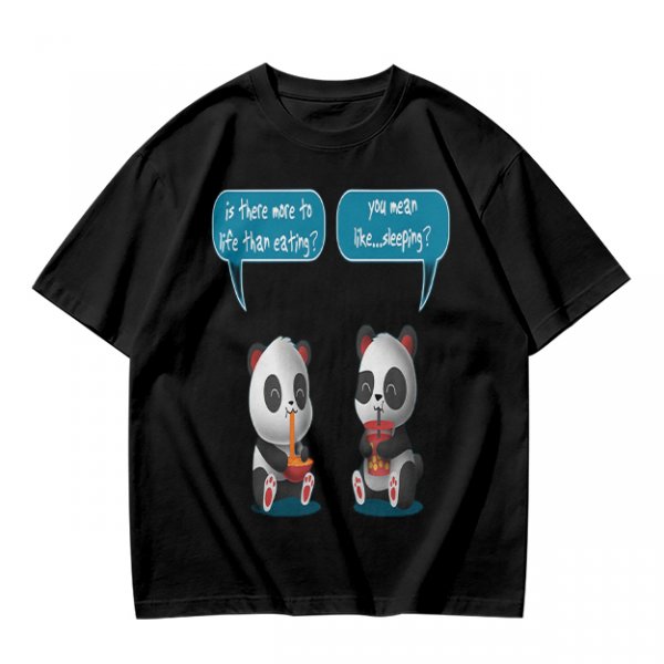 Olive t-shirt with pandas discussing life beyond eating and sleeping