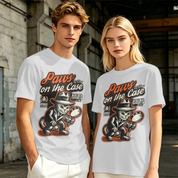 Olive t-shirt with detective cat 'Paws on the Case' graphic