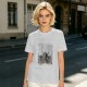 Olive green graphic t-shirt with symmetrical dark and orange artwork