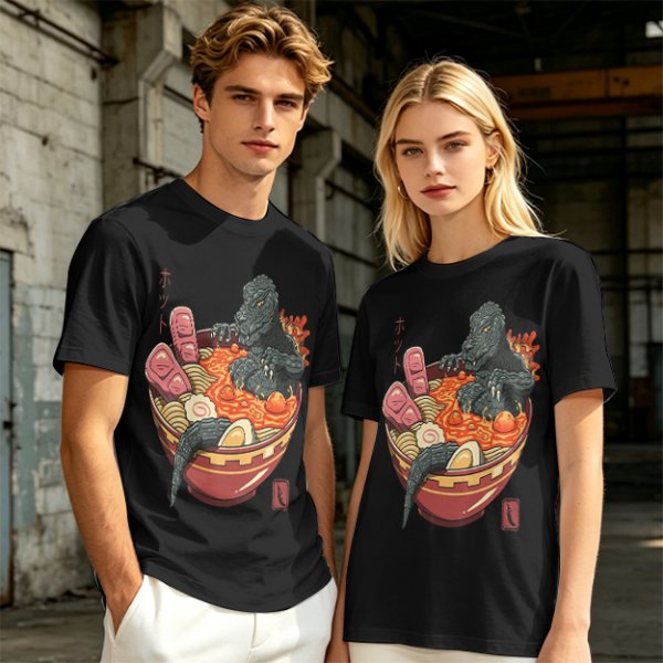 Godzilla in spicy ramen bowl graphic tee