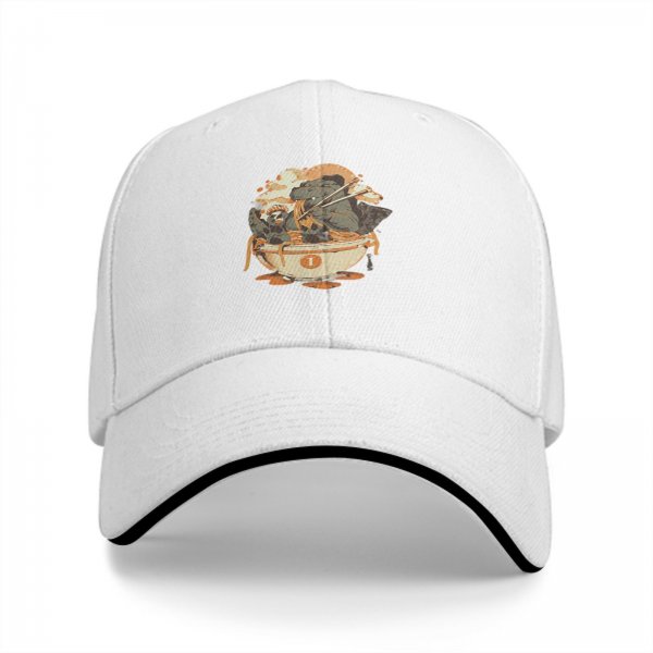 Black Baseball Cap with Dinosaur Eating Ramen Graphic