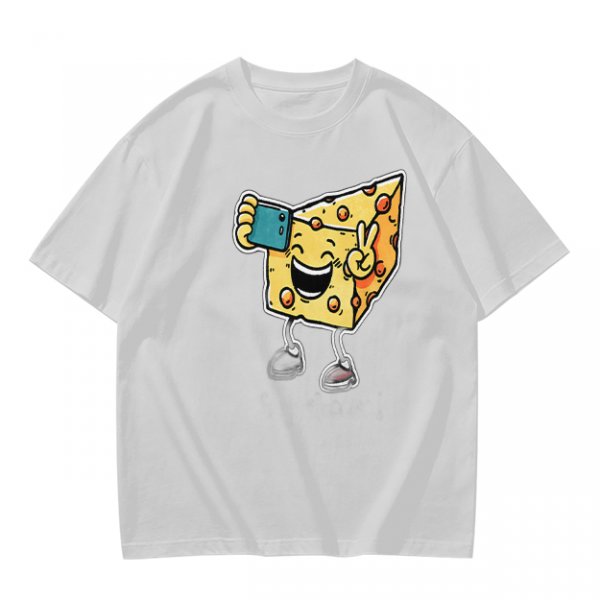 Olive T-shirt with a cartoon cheese taking a selfie and making a peace sign