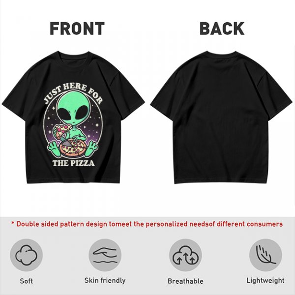 Olive green t-shirt with alien eating pizza text Just Here For The Pizza