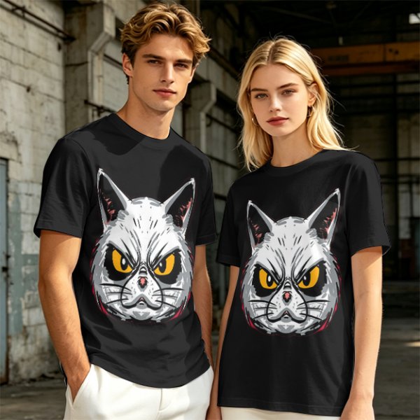 Olive T-Shirt With Angry White Cat Face Graphic