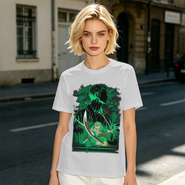 Olive Green Anime T-Shirt With Swordsman Character Artwork