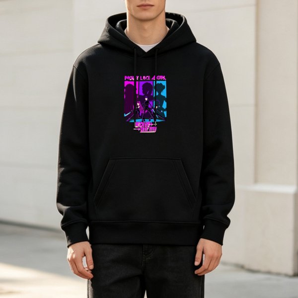 Black hoodie with neon cyberpunk girl squad graphic print