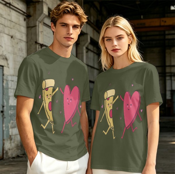 Olive T-Shirt with Dancing Pizza Slice and Heart Graphic
