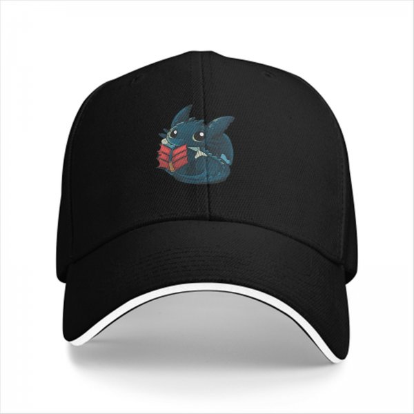 Black baseball cap with cute dragon reading a book graphic