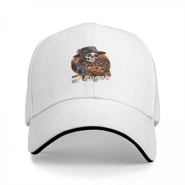 Black baseball cap with spooky sugar skeleton pumpkin graphic