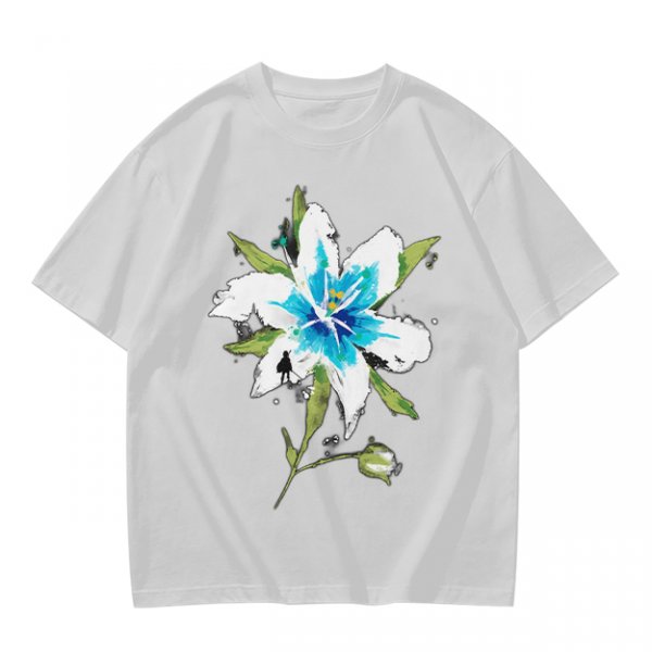 Olive Green T-Shirt with Watercolor Blue Lily Flower Print