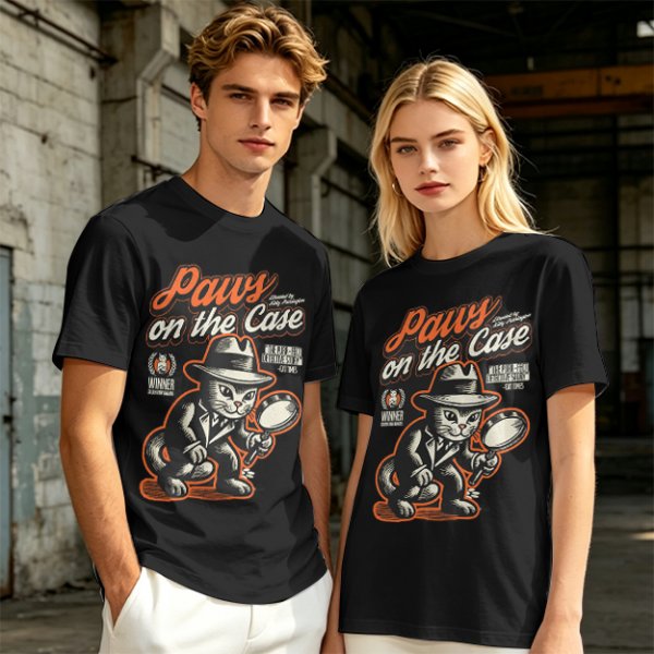 Olive t-shirt with detective cat 'Paws on the Case' graphic