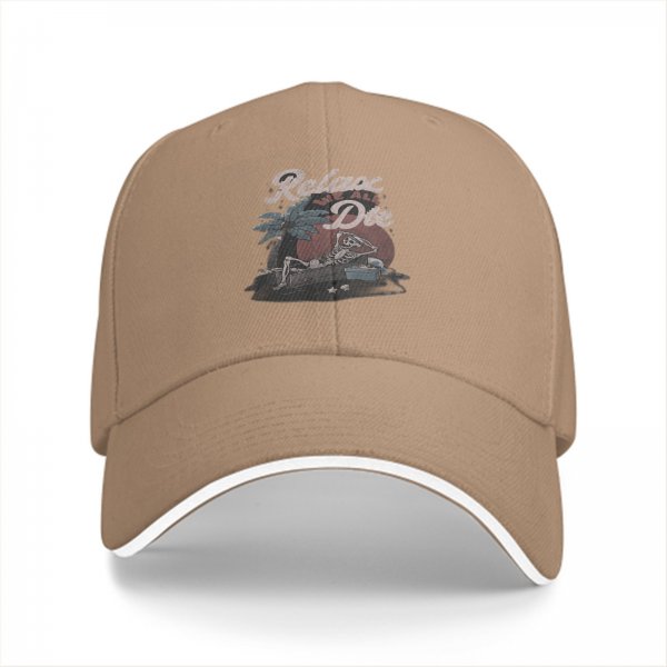 Black baseball cap with Relax Die skeleton palm tree graphic