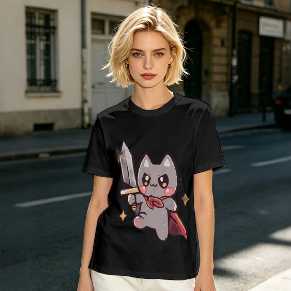 Olive T-shirt with cute warrior cat holding a sword graphic