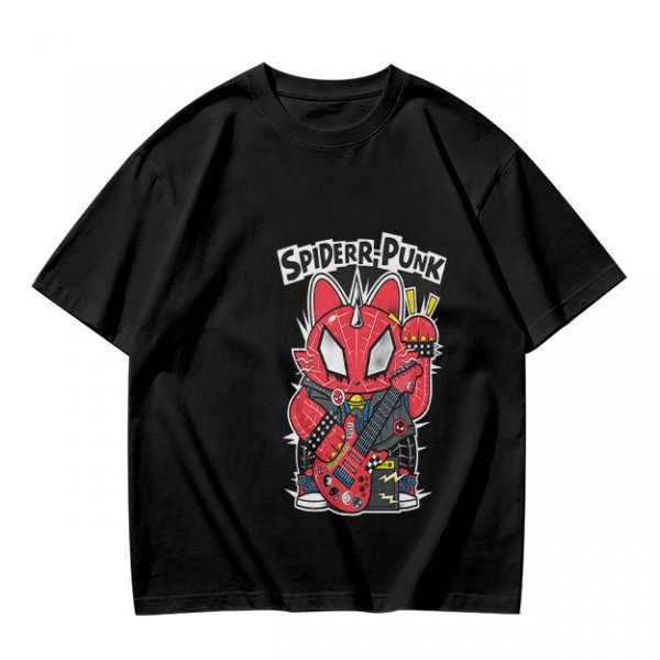 Olive T-shirt with Spider-Punk Cat Playing Guitar Graphic
