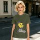 Olive green t-shirt with cheerful lemon mascot graphic and make lemonades text