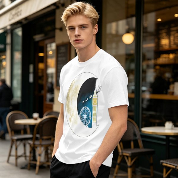 Olive T-Shirt with Crescent Moon London Skyline Flying Figures Print