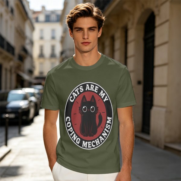Olive t-shirt with 'Cats Are My Coping Mechanism' and black cat graphic