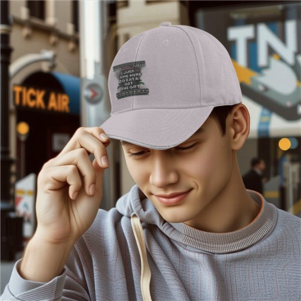 Black baseball cap with 'I just came here to eat & get the gift' Christmas print