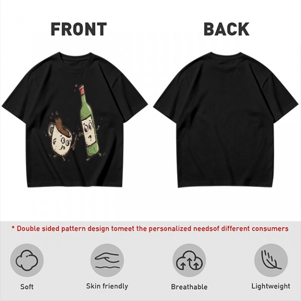 Olive T-Shirt With Cartoon Coffee Mug And Wine Bottle Print