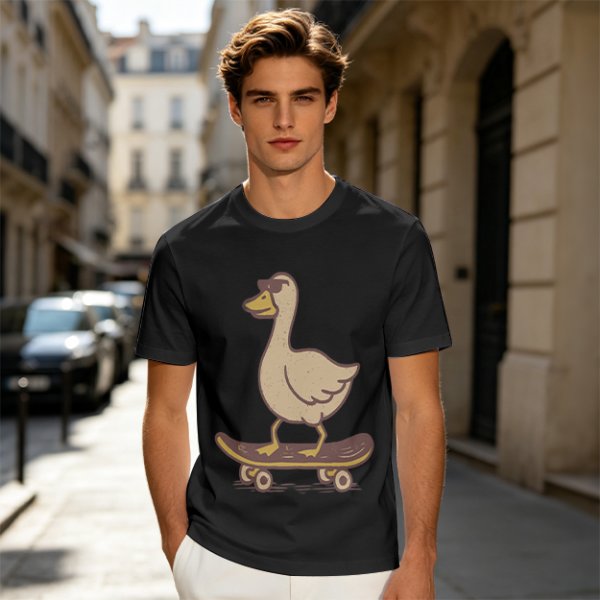 Olive T-Shirt Featuring a Cool Duck Wearing Sunglasses Riding a Skateboard