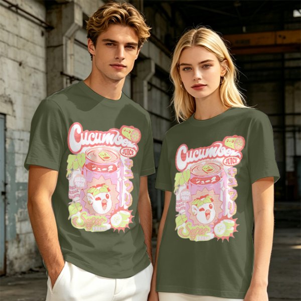 Olive green graphic t-shirt with cucumber juice themed print