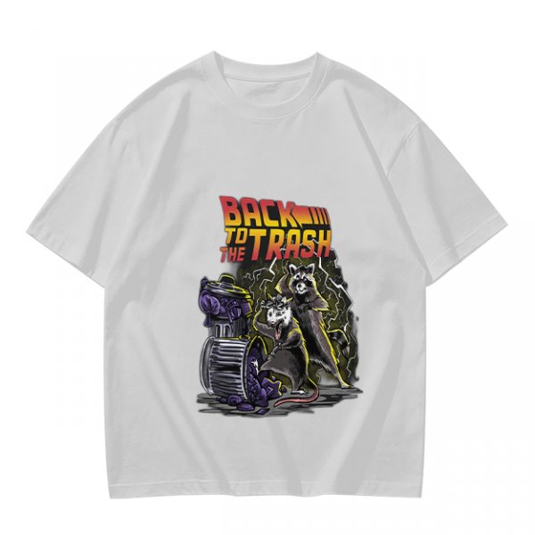 Olive graphic t-shirt with Back to the Trash raccoon design
