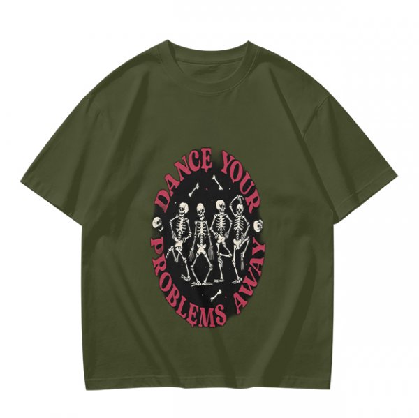 Olive T-shirt with Dancing Skeletons and 'Dance Your Problems Away' Text