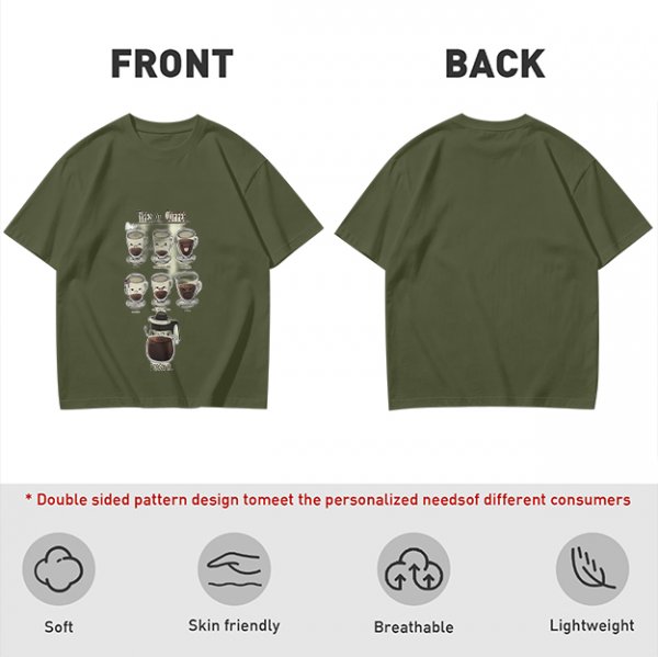 Olive Green T-Shirt With Cute Cartoon Coffee Cups Graphic