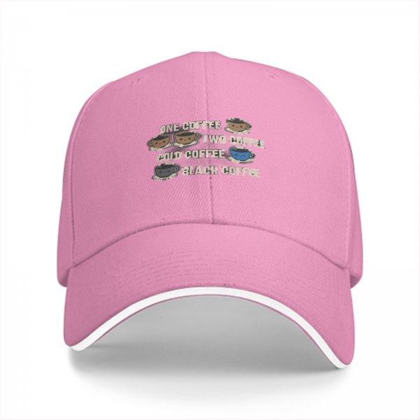 Black baseball cap with coffee themed text and cute cup illustrations
