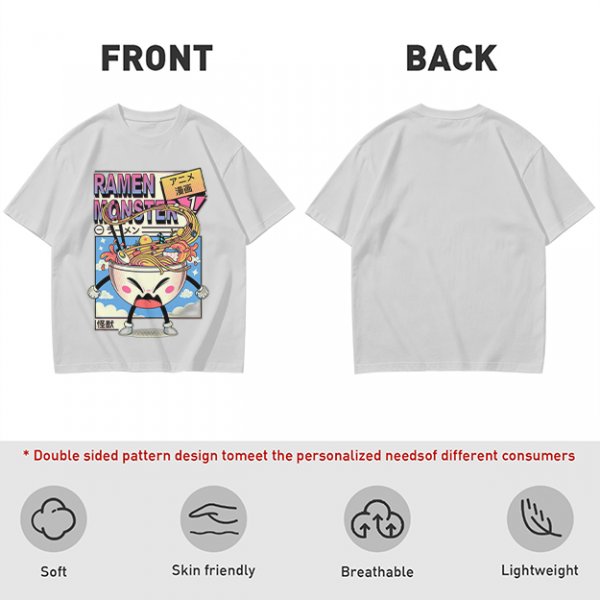 Olive green t-shirt with ramen monster anime graphic print