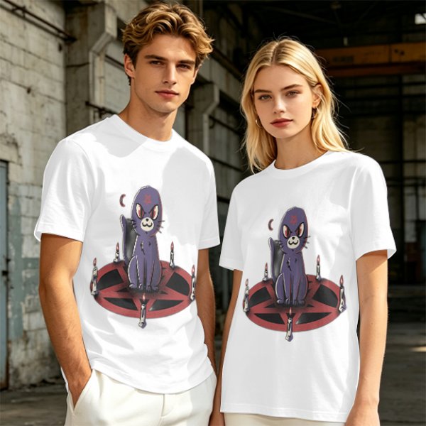 Olive T-Shirt With Purple Demon Cat On Pentagram And Candles