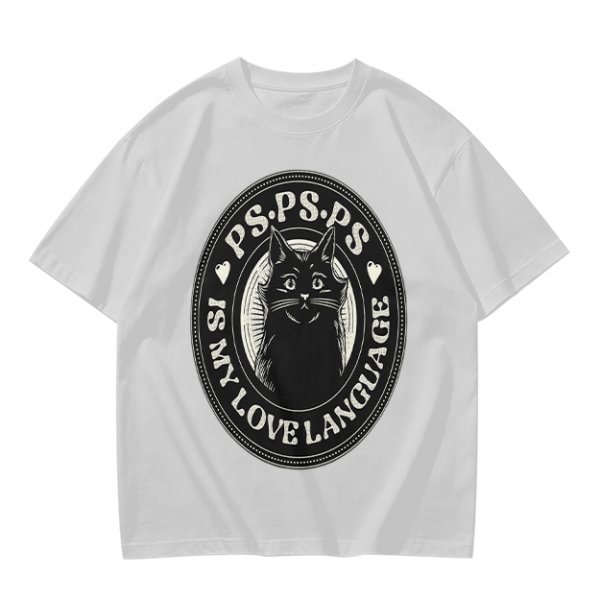 Olive cat graphic t-shirt with 'PS PS PS is my love language' print