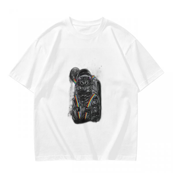 Olive T-Shirt With Astronaut Cat And Rainbow Accent Print