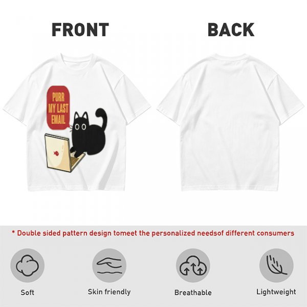 Black cat typing on laptop with 'Purr My Last Email' graphic t-shirt