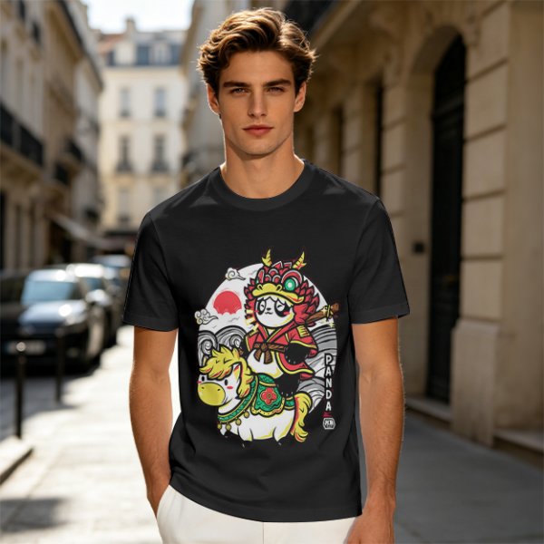 Olive T-shirt with Panda Warrior Riding Mythical Horse Graphic