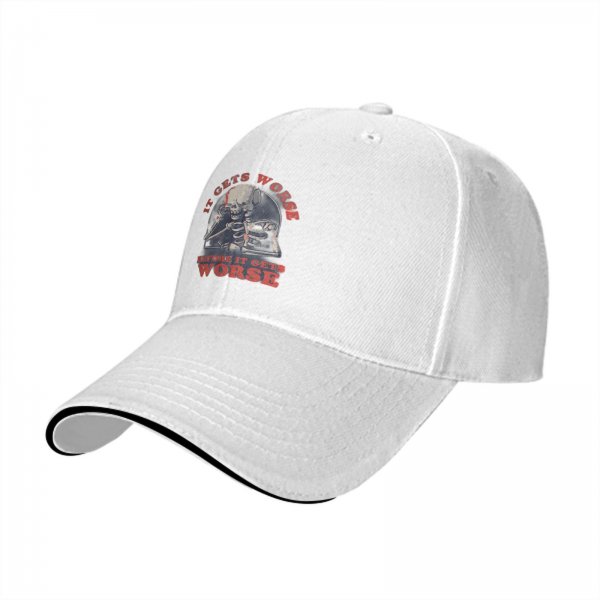 Black baseball cap with 'It Gets Worse Before It Gets Worse' skeleton graphic
