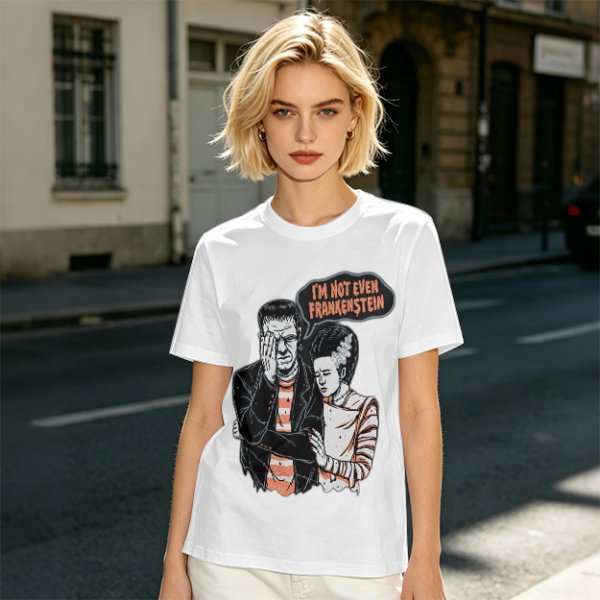 Olive T-shirt with Frankenstein and Bride 'I'm Not Even Frankenstein' Print